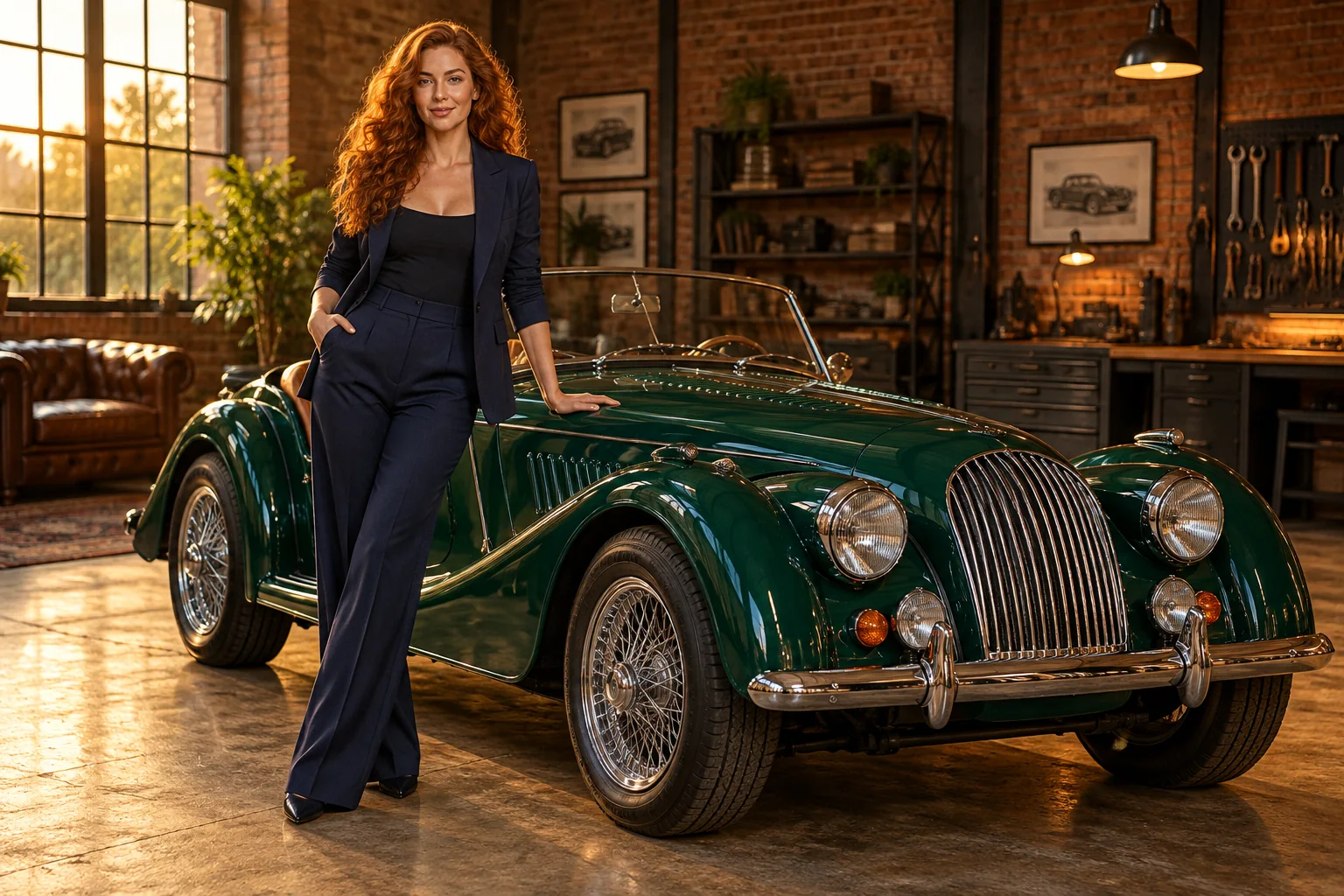 Editorial concept: a blue suit and emerald roadster share a warm workshop setting.